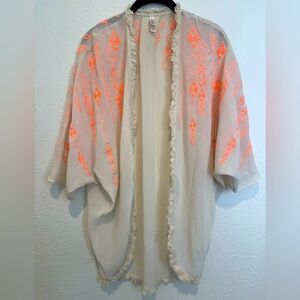 Xhilaration Cream Swim Coverup/Kimono with Neon Coral Embroidery Details
